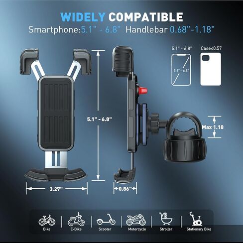 Motorcycle Phone Mount Holder - Upgrade Vibration Dampener - 360° Rotatable Bicycle Phone Holder, Bike Handlebar Phone Clip for 5.1" - 6.8" Smartphones in Saudi Arabia