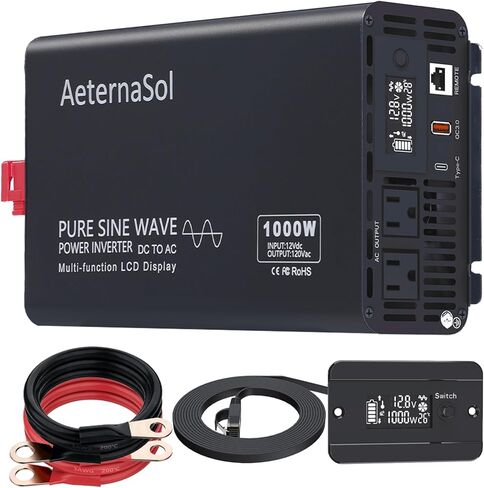 محول موجة جيبية نقية 1000 واط، محول تيار مستمر 12 فولت إلى تيار متردد 110-120 فولت مع مقبسين للإخراج USB&Type-C، شاشة LCD وجهاز تحكم عن بعد (GFCI)، لسيارة RV للتخييم أثناء السفر بنظام الطاقة الشمسية in Kuwait