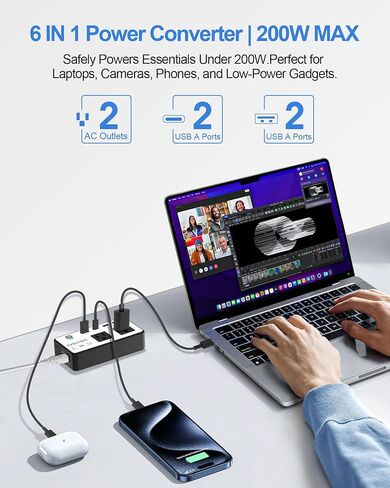 محول جهد 200 واط من الولايات المتحدة إلى أوروبا، محول طاقة للسفر مع 4 منافذ USB، 2 منافذ تيار متردد لمكواة تجعيد الشعر والكمبيوتر المحمول، قابس الاتحاد الأوروبي والمملكة المتحدة والاتحاد الأفريقي، للسفر على متن السفن السياحية in Kuwait
