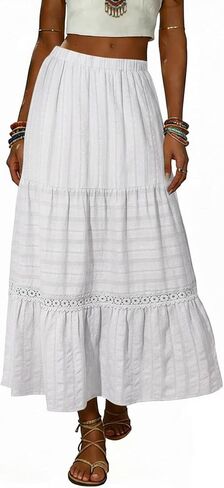 BLENCOT Women's Long Skirt Boho Crochet Lace Tiered High Waisted Cotton A-Line Flowy Maxi Skirt in Saudi Arabia
