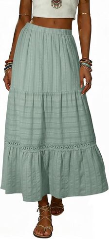 BLENCOT Women's Long Skirt Boho Crochet Lace Tiered High Waisted Cotton A-Line Flowy Maxi Skirt in Kuwait