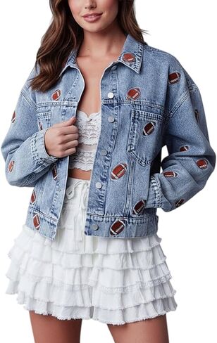 Womens Football Denim Jacket Fall Cropped Embroidery Button Down Rugby Jean Jackets Vintage Shacket with Pockets in Kuwait
