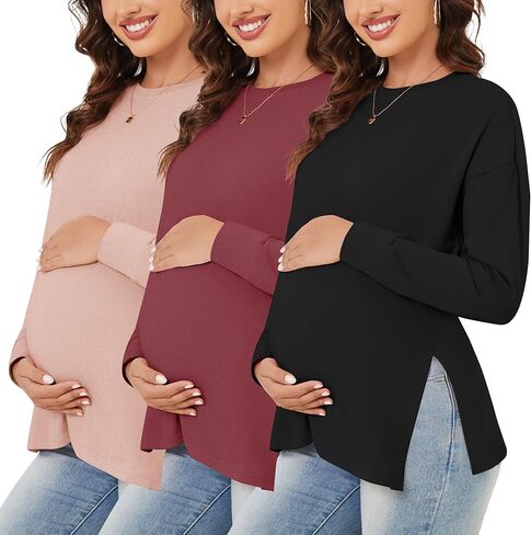 المرأة 3 حزم قمصان الأمومة طويلة الأكمام الجانب Ruched الحمل تي شيرت تجريب بلوزة تونيك ملابس ماما in Kuwait