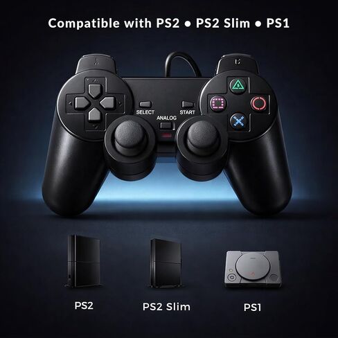 وحدة التحكم الرقمية Dynasty PS2، عبوتان من وحدات التحكم السلكية المتوافقة مع PS2/PS2 Slim/PS1، وحدة التحكم السلكية البديلة PS2 مع اهتزاز مزدوج، أسود in Kuwait