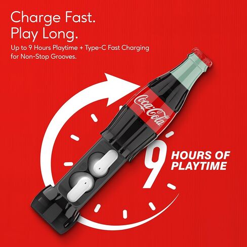 Coca-Cola Wireless Earbuds with Bottle Shaped Charging Case, Automatic Pairing In-Ear Headphones with Built-In Mic, Voice Assistant Compatibility, 9H Playtime. HD Stereo Sound, Touch Controls (Red) in Saudi Arabia