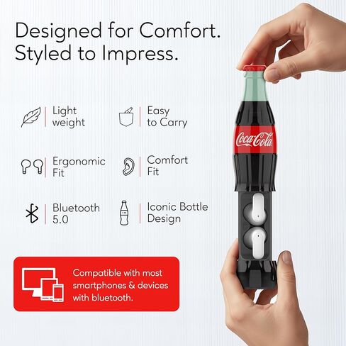 Coca-Cola Wireless Earbuds with Bottle Shaped Charging Case, Automatic Pairing In-Ear Headphones with Built-In Mic, Voice Assistant Compatibility, 9H Playtime. HD Stereo Sound, Touch Controls (Red) in Saudi Arabia