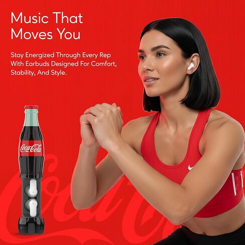 Coca-Cola Wireless Earbuds with Bottle Shaped Charging Case, Automatic Pairing In-Ear Headphones with Built-In Mic, Voice Assistant Compatibility, 9H Playtime. HD Stereo Sound, Touch Controls (Red) in Saudi Arabia