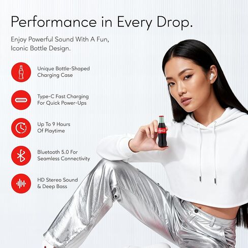 Coca-Cola Wireless Earbuds with Bottle Shaped Charging Case, Automatic Pairing In-Ear Headphones with Built-In Mic, Voice Assistant Compatibility, 9H Playtime. HD Stereo Sound, Touch Controls (Red) in Saudi Arabia