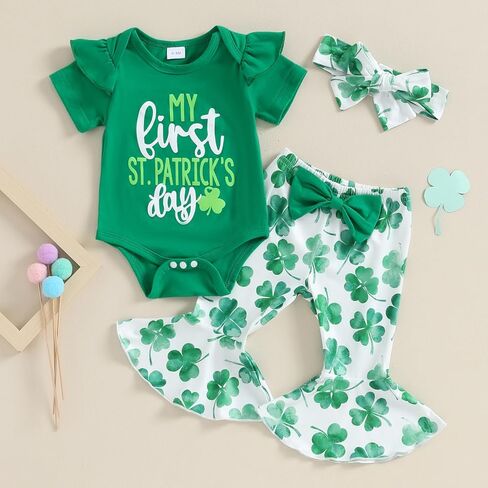 My First St Patrick's Day Baby Girl Outfit Newborn Short Sleeve Romper and Shamrock Flared Pants Headband Clothes Set in Saudi Arabia