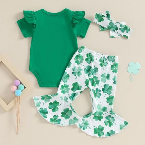 My First St Patrick's Day Baby Girl Outfit Newborn Short Sleeve Romper and Shamrock Flared Pants Headband Clothes Set in Saudi Arabia