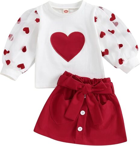 BHMAWSRT Baby Girls Clothes Heart Print Long Sleeve Sweatshirt +Wine Red Skirt Cutest Valentines Outfit in Kuwait