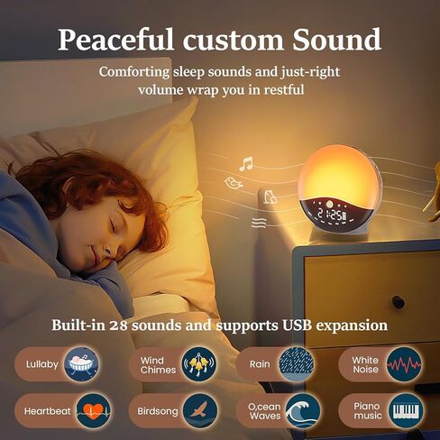 Wake Up Light Sunrise Alarm Clock for Bedrooms, Rechargeable Sound Machine Night Light, 28 Sleep Sounds, 12 Colors, Dual Alarms, White Noise Sound Machine for Baby and Adults in Saudi Arabia