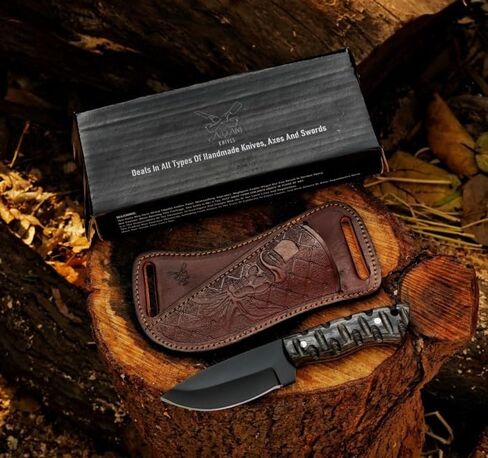 Fixed Blade Carbon Steel Hunting Knife with Leather Sheath, 8'' Full Tang Hunting Skinner,Camping Blade for Hiking,Survival Gift (Black Wood) in Saudi Arabia