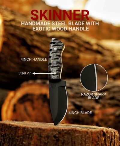Fixed Blade Carbon Steel Hunting Knife with Leather Sheath, 8'' Full Tang Hunting Skinner,Camping Blade for Hiking,Survival Gift (Black Wood) in Saudi Arabia