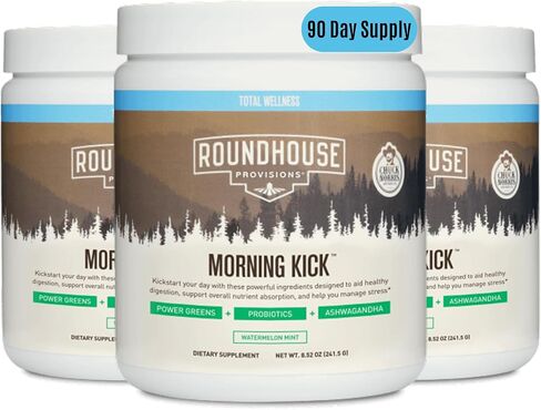 توفير ROUNDHOUSE Morning Kick، مكملات مسحوق Superfood الخالية من السكر مع أشواغاندا والكولاجين والبروبيوتيك ومشروب Debloat، 30 حصة (عصير الليمون بالفراولة) بواسطة Chuck Norris in Kuwait