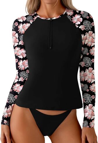Dokotoo إمرأة طفح الحرس كم طويل قمصان السباحة UPF 50 حماية من الشمس ملابس السباحة Tankini قمم نصف البريدي ثوب السباحة لا أسفل in Saudi Arabia