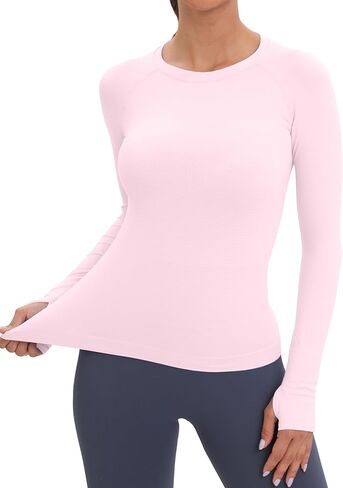 MathCat Workout Shirts for Women Long-Sleeved Athletic Shirt Running Breathable Seamless Yoga Tops Light Pink in Saudi Arabia