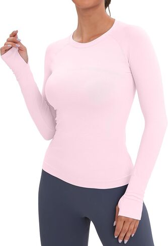 MathCat Workout Shirts for Women Long-Sleeved Athletic Shirt Running Breathable Seamless Yoga Tops Light Pink in Saudi Arabia