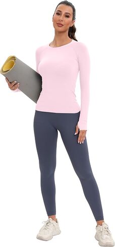 MathCat Workout Shirts for Women Long-Sleeved Athletic Shirt Running Breathable Seamless Yoga Tops Light Pink in Saudi Arabia