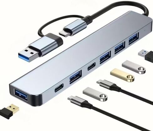 7-in-1 Data Transfer Adapter Multiport Hub with Type-C and USB-A for Phones, Tablets, Laptops, Office, Travel, Silver in Saudi Arabia