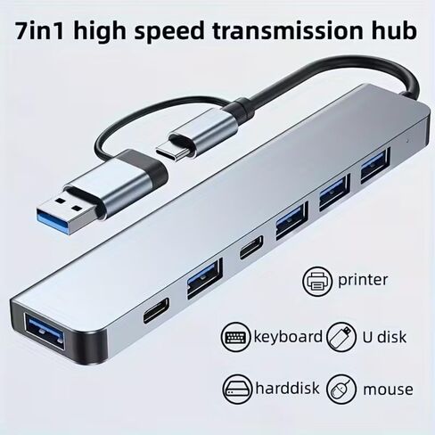 7-in-1 Data Transfer Adapter Multiport Hub with Type-C and USB-A for Phones, Tablets, Laptops, Office, Travel, Silver in Saudi Arabia