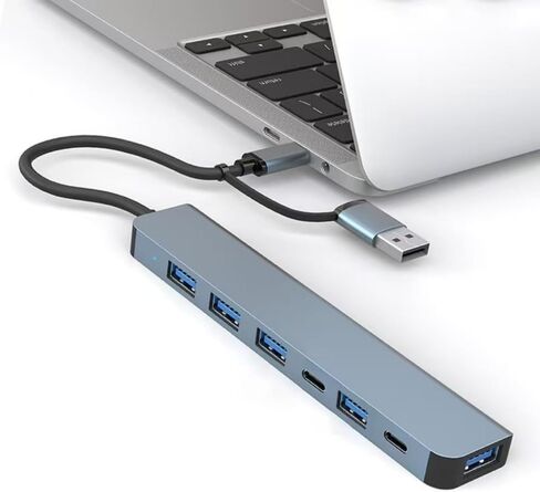 7-in-1 Data Transfer Adapter Multiport Hub with Type-C and USB-A for Phones, Tablets, Laptops, Office, Travel, Silver in Saudi Arabia
