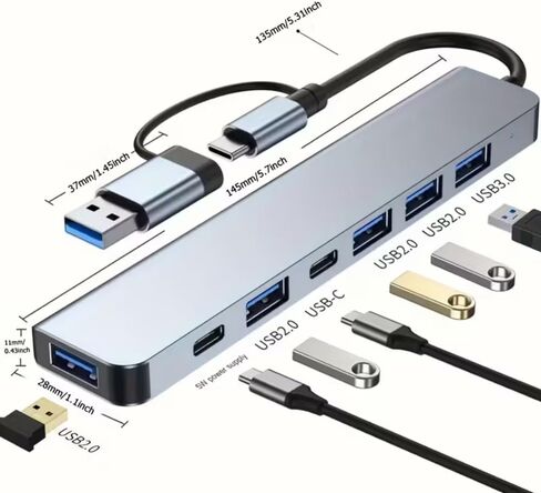 7-in-1 Data Transfer Adapter Multiport Hub with Type-C and USB-A for Phones, Tablets, Laptops, Office, Travel, Silver in Saudi Arabia
