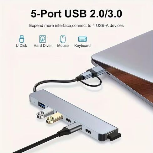 7-in-1 Data Transfer Adapter Multiport Hub with Type-C and USB-A for Phones, Tablets, Laptops, Office, Travel, Silver in Saudi Arabia