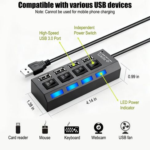 موزع USB بأربعة منافذ مع مؤشرات LED، ومنافذ 3.0 عالية السرعة و7.0 منافذ، يعمل بجهد 5 فولت، وتبديل مستقل للوحات المفاتيح والفئران وبطاقات الذاكرة، وتصميم مضغوط للأجهزة الطرفية للكمبيوتر in Saudi Arabia