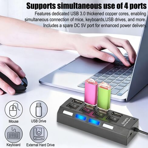 موزع USB بأربعة منافذ مع مؤشرات LED، ومنافذ 3.0 عالية السرعة و7.0 منافذ، يعمل بجهد 5 فولت، وتبديل مستقل للوحات المفاتيح والفئران وبطاقات الذاكرة، وتصميم مضغوط للأجهزة الطرفية للكمبيوتر in Saudi Arabia