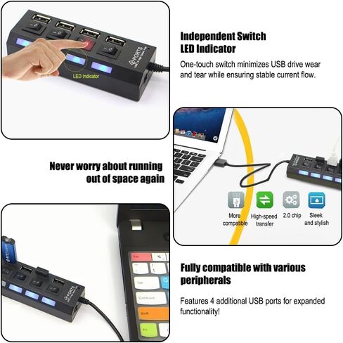 موزع USB بأربعة منافذ مع مؤشرات LED، ومنافذ 3.0 عالية السرعة و7.0 منافذ، يعمل بجهد 5 فولت، وتبديل مستقل للوحات المفاتيح والفئران وبطاقات الذاكرة، وتصميم مضغوط للأجهزة الطرفية للكمبيوتر in Saudi Arabia