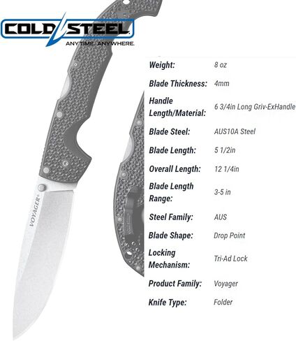 COLD STEEL XL Voyager 5.5" AUS10A Drop Point Razor-Sharp Blade 6.75" Griv-Ex Handle Everyday Carry Tactical Folding Knife w/Tri-Ad Lock in Saudi Arabia