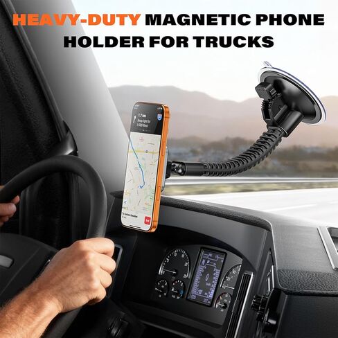 APPS2Car لحامل هاتف الشاحنة MagSafe للخدمة الشاقة، كوب شفط كبير للغاية مقاس 4.33 بوصة، 20 مغناطيسًا قويًا، ذراع طويل مزدوج الضلع فائق الثبات، حامل هاتف مغناطيسي للالتقاط، شبه الشاحنات، الجرار in Kuwait