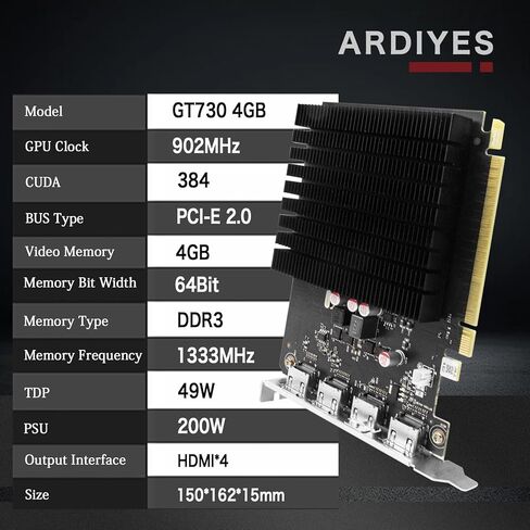 بطاقة رسومات GT 730 سعة 4 جيجابايت GDDR3 GPU 4X HDMI، 4 إعدادات شاشات متعددة مستقلة، بطاقة فيديو DDR3 64 بت in Kuwait