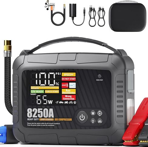 JFEGWO CS02 8250A Jump Starter مع ضاغط هواء، 32000 مللي أمبير 150 رطل لكل بوصة مربعة محمولة لشاحنة السيارة شديدة التحمل (16 لتر غاز/12 لتر ديزل)، حزمة معززة لبطارية ليثيوم 12 فولت، شاشة LED PD65W USB-C in Kuwait