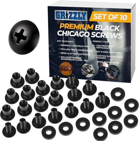 Grizzly Black Chicago Screws, 1/4 Inch for Leather/Kydex Gun Holsters/Clips and Knife Sheaths, Phillips Truss Heads and Open Slotted Fasteners with Rubber Washers/Spacers in Kuwait
