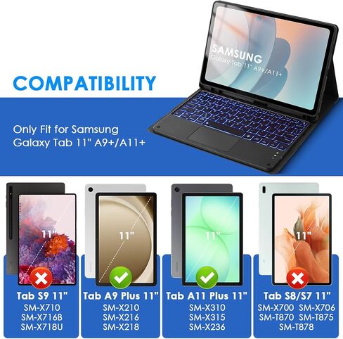حافظة لوحة مفاتيح بإضاءة خلفية لجهاز Samsung Galaxy Tab 11 بوصة A11 Plus وA9 Plus، لوحة مفاتيح بلوتوث لاسلكية، لوحة تتبع ذكية لجهاز Galaxy A9 +/A11+ حافظة كمبيوتر لوحي مع لوحة مفاتيح وحامل أقلام، BK in Kuwait