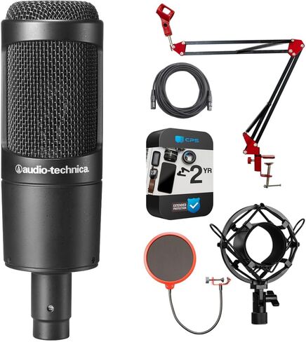 حزمة ميكروفون مكثف قلبي من Audio-Technica AT2035 مع حزمة حماية محسنة CPS لمدة عامين، وحامل صدمات معدني، وفلتر بوب، وحامل ذراع مقص معلق وكابل XLR بطول 25 قدمًا in Saudi Arabia