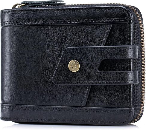 محفظة بسحاب للرجال ذات سعة كبيرة تحجب تقنية تحديد الهوية بموجات الراديو (RFID)، محفظة كلاسيكية من الجلد الأصلي مع جيب للعملات المعدنية ونافذة لبطاقة الهوية والقهوة in Kuwait