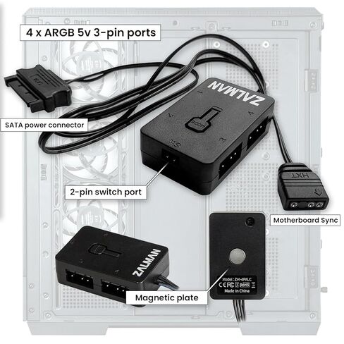 ARGB PC Fans Controller 4-Port Hub for 5V 3-Pin A-RGB، زر ضغط سهل التحكم مع منفذ تبديل 2 دبوس، يعمل بالطاقة SATA، لوحة خلفية مغناطيسية (Zalman 4PALC) in Kuwait