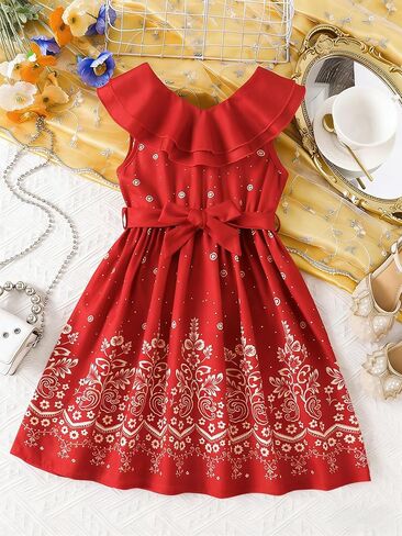 Toddler Girls Dresses Ruffle Neck Sleeveless Floral Print Dress Bow Front A-Line Party Dress in Saudi Arabia