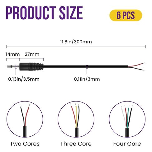 6 Pcs 3.5mm Male Plug to Bare Wire Cables, 2, 3 & 4 Pole Audio Cables for Repair - Compatible with Headphones, Speakers, Microphones, Scanners & More in Saudi Arabia