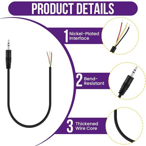 6 Pcs 3.5mm Male Plug to Bare Wire Cables, 2, 3 & 4 Pole Audio Cables for Repair - Compatible with Headphones, Speakers, Microphones, Scanners & More in Saudi Arabia