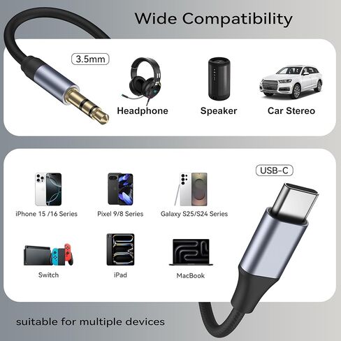 2 حزمة كابل USB C إلى 3.5 ملم صوت Aux Jack، سلك ستيريو للسيارة من النوع C إلى 3.5 ملم متوافق مع iPhone 17 16 15 Pro Max، Samsung Galaxy S25 S24 S23 S22 S21 Note 20، Pixel 10 9 8 7، 3.3FT (أسود) in Saudi Arabia