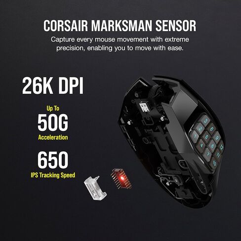 ماوس الألعاب CORSAIR SCIMITAR ELITE RGB WIRELESS MMO - 26000 نقطة في البوصة - 16 زرًا قابلاً للبرمجة - بطارية تصل إلى 150 ساعة - متوافق مع iCUE - أسود (متجدد) in Kuwait
