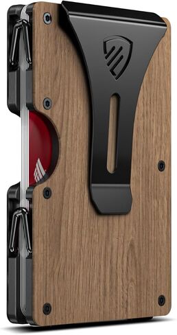 محفظة RUNBOX Minimalist للرجال - حامل بطاقات معدني نحيف يحجب RFID مع مشبك نقود، تصميم جيب أمامي رفيع للغاية يحمل 12-15 بطاقة، هدايا للرجال (خشب الجوز) in Kuwait