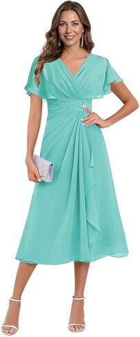 فساتين أم العروس بطول الشاي - 2025 فستان سهرة رسمي زفاف شيفون مطرز بأكمام قصيرة للنساء in Kuwait