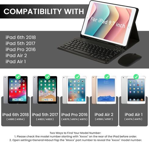 حافظة لجهاز iPad Pro 9.7 بوصة مع لوحة مفاتيح وماوس لجهاز iPad 2018 (الجيل السادس)/ 2017 (الجيل الخامس)، حافظة لوحة مفاتيح iPad Pro/Air 2/1 2016 مع ماوس، غطاء لوحة مفاتيح لاسلكية بلوتوث مع حامل أقلام، أسود in Kuwait