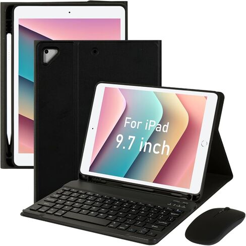 حافظة لجهاز iPad Pro 9.7 بوصة مع لوحة مفاتيح وماوس لجهاز iPad 2018 (الجيل السادس)/ 2017 (الجيل الخامس)، حافظة لوحة مفاتيح iPad Pro/Air 2/1 2016 مع ماوس، غطاء لوحة مفاتيح لاسلكية بلوتوث مع حامل أقلام، أسود in Kuwait