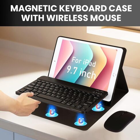 حافظة لجهاز iPad Pro 9.7 بوصة مع لوحة مفاتيح وماوس لجهاز iPad 2018 (الجيل السادس)/ 2017 (الجيل الخامس)، حافظة لوحة مفاتيح iPad Pro/Air 2/1 2016 مع ماوس، غطاء لوحة مفاتيح لاسلكية بلوتوث مع حامل أقلام، أسود in Kuwait